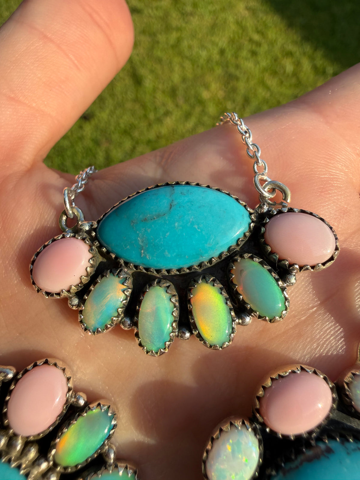 Pink Conch, Kingman Turquoise and Balloon Opal Sterling Silver Pendant or Necklace