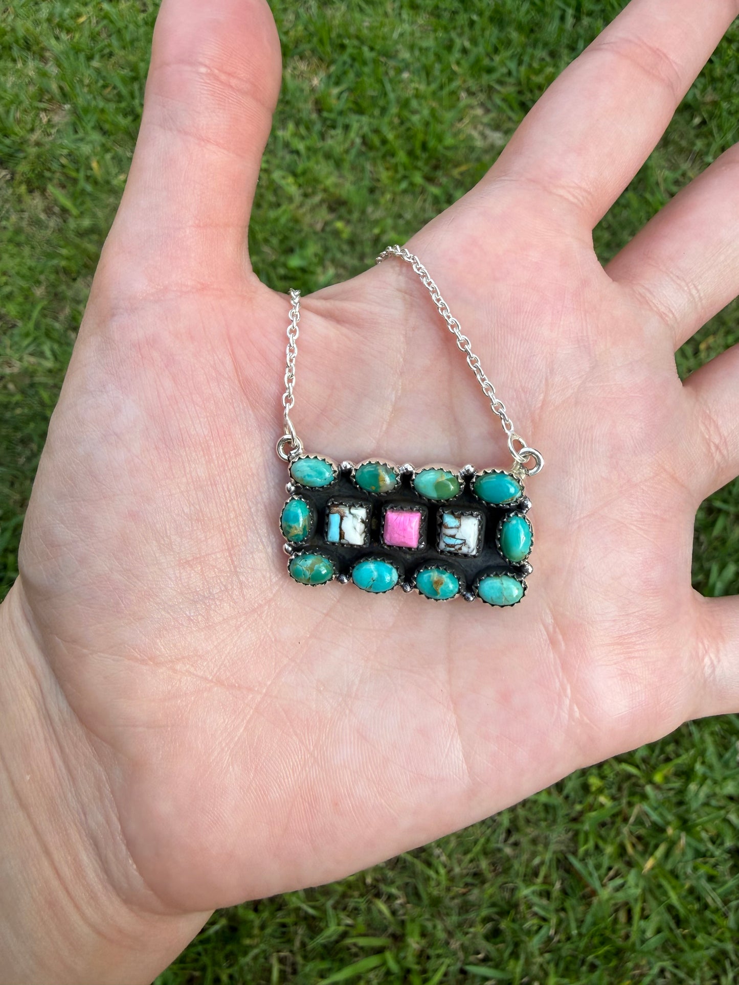 Kingman and Cotton Candy Turquoise Unique Bar Sterling Silver Necklace