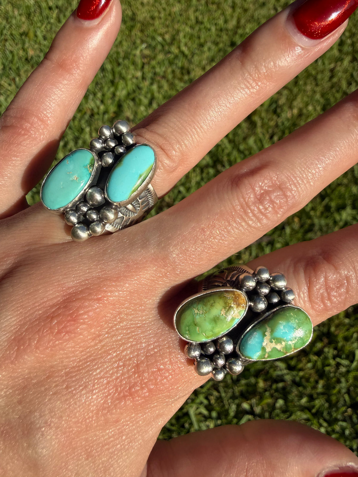 Navajo Sonoran Gold Turquoise Double Stone Ball Work Cluster Ring