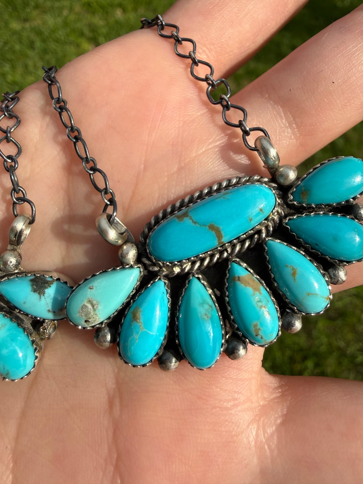 Native Turquoise Half Cluster Flower Sterling Silver Necklace