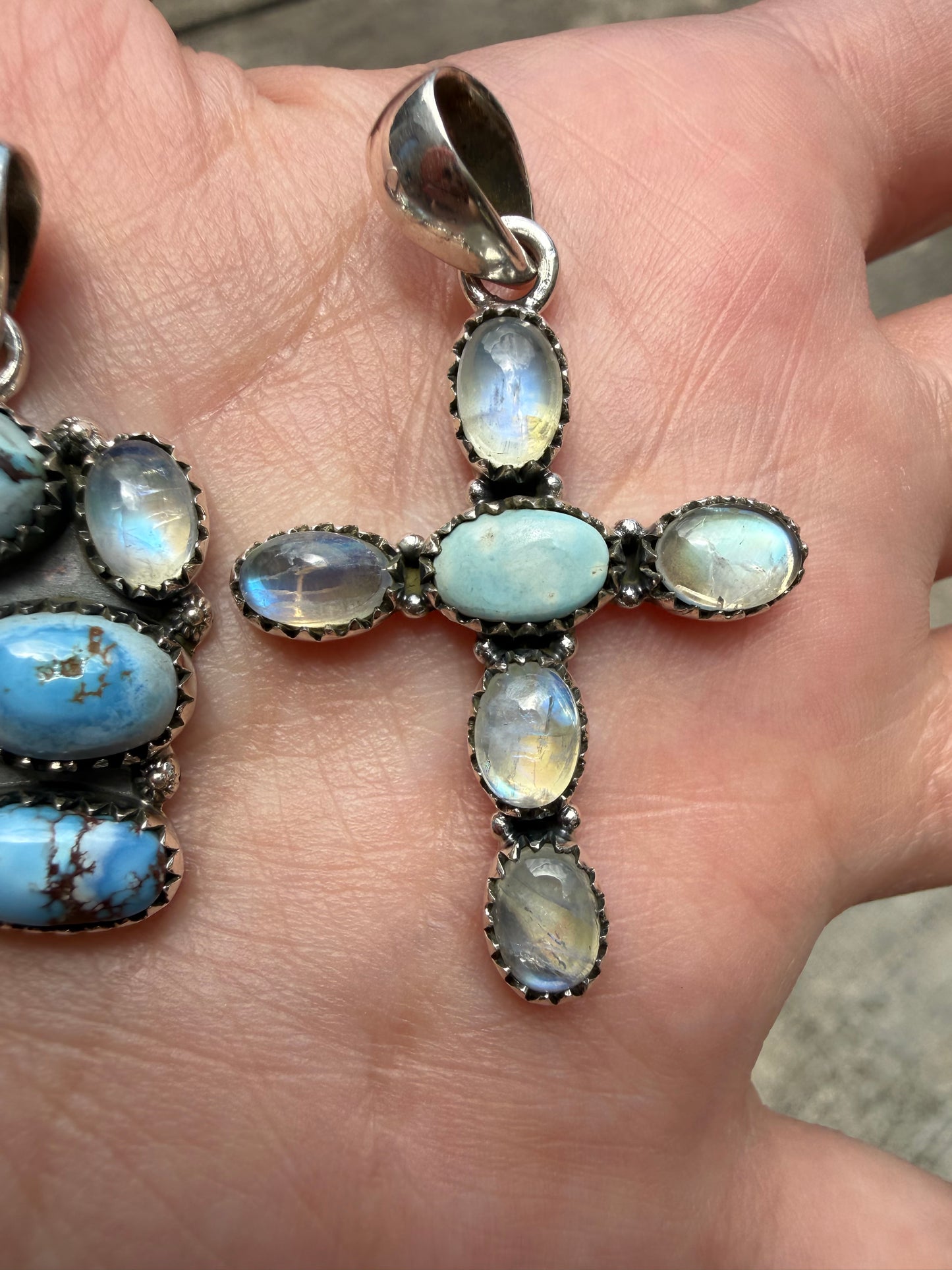 Rainbow Moonstone and Golden Hills Turquoise Sterling Silver Pendant