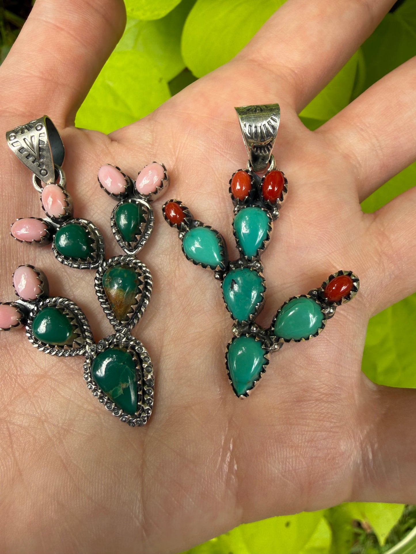 Kingman Turquoise and Pink Conch or Coral Cactus Cluster Sterling Silver Pendant
