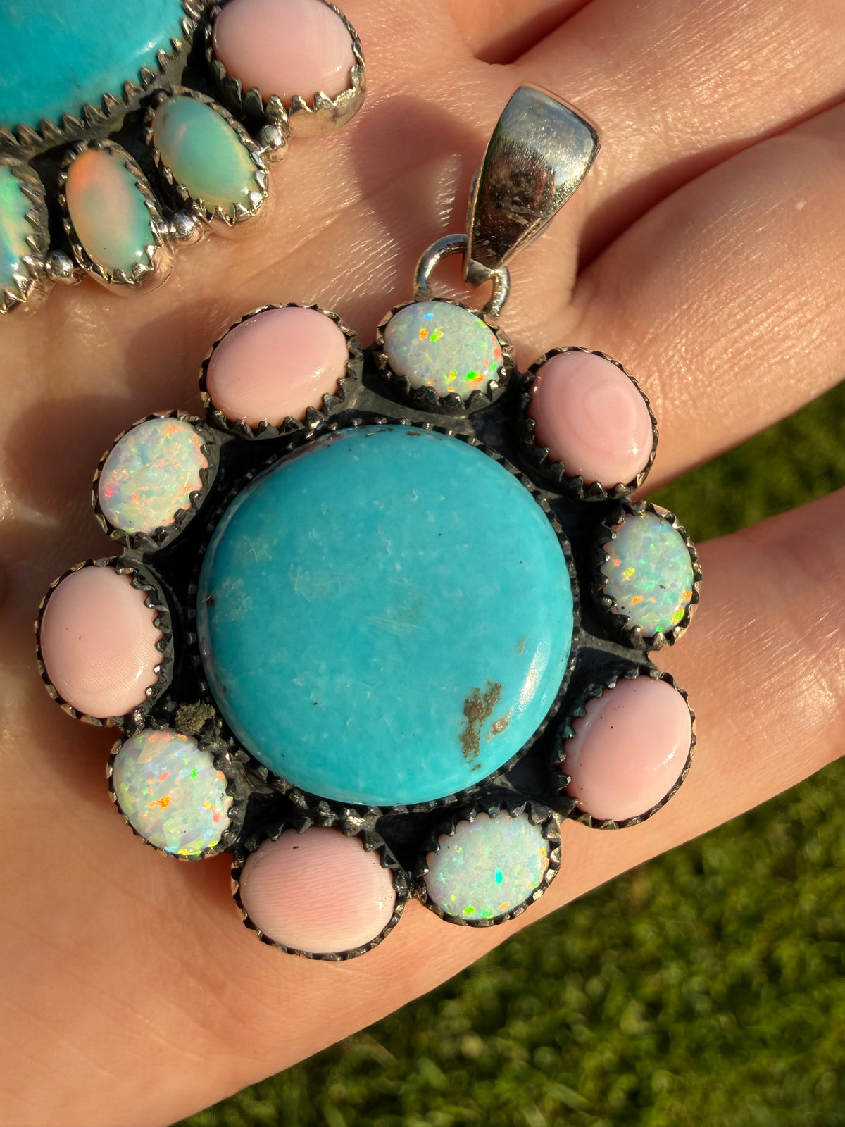 Pink Conch, Kingman Turquoise and Balloon Opal Sterling Silver Pendant or Necklace