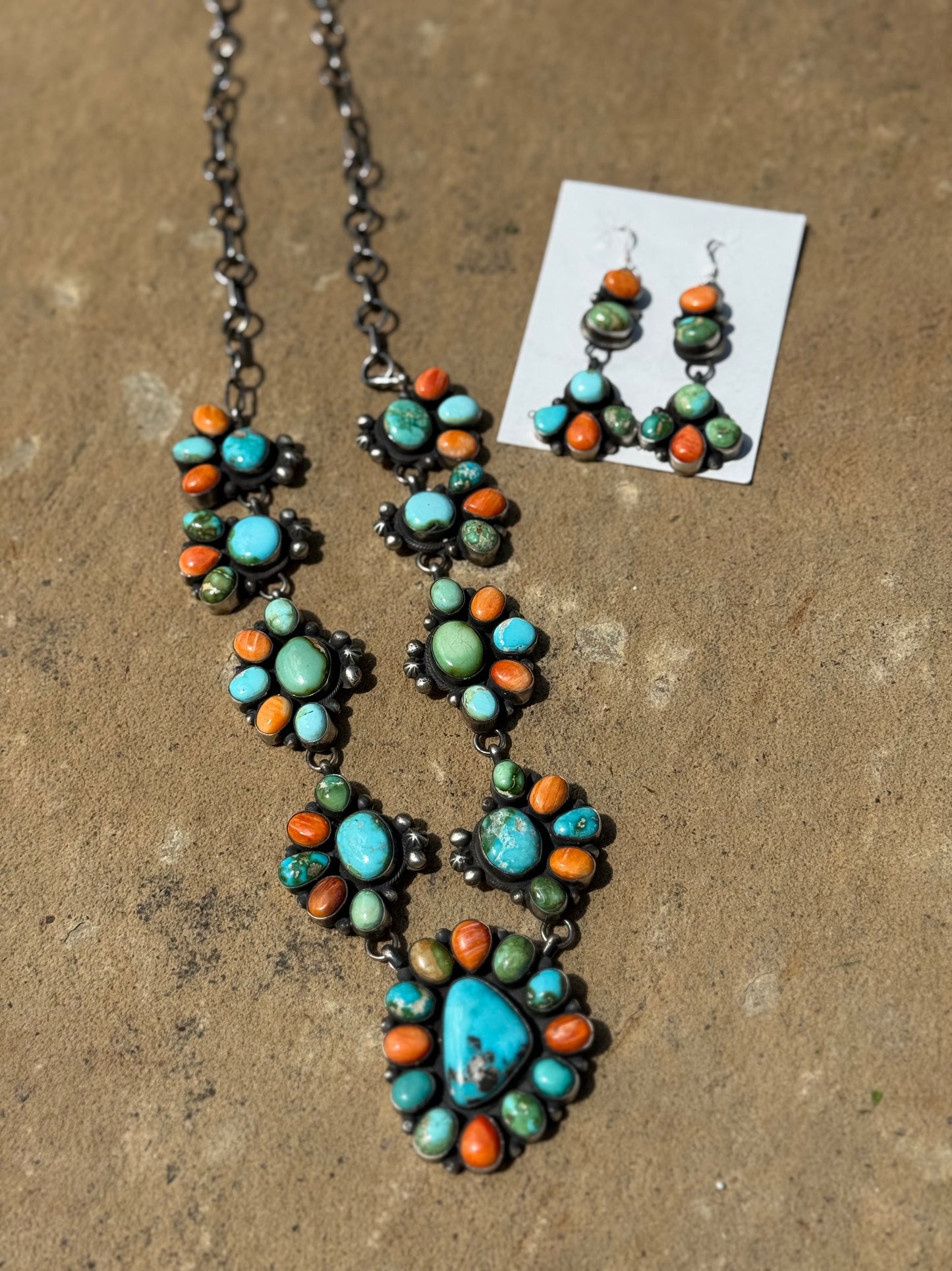 Navajo Rainbow Multi Stone Statement Flower Cluster Sterling Silver Necklace and Matching Earrings by John Skeets