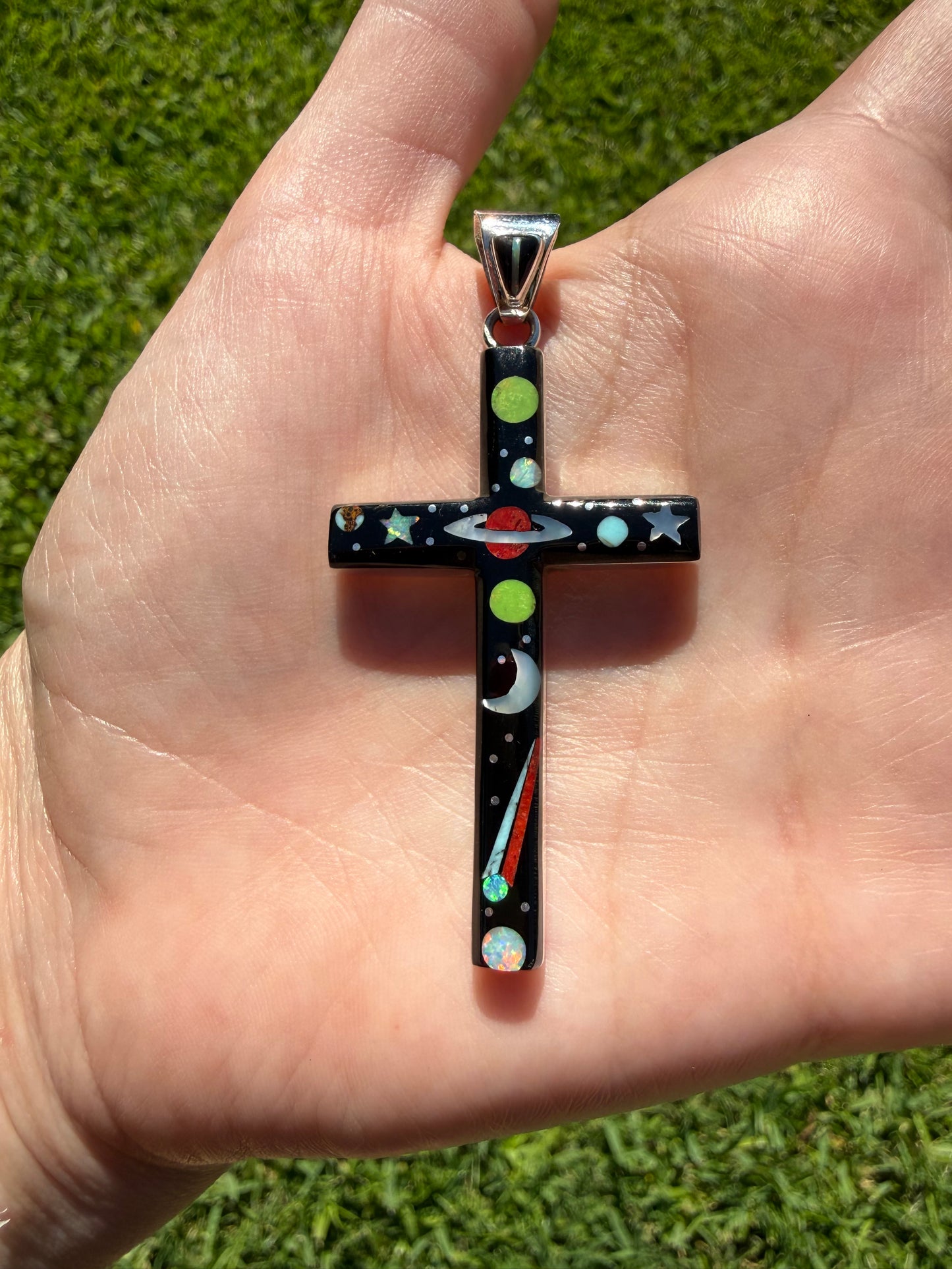 Space Multi Stone Inlayed Cross Sterling Silver Statement Pendant