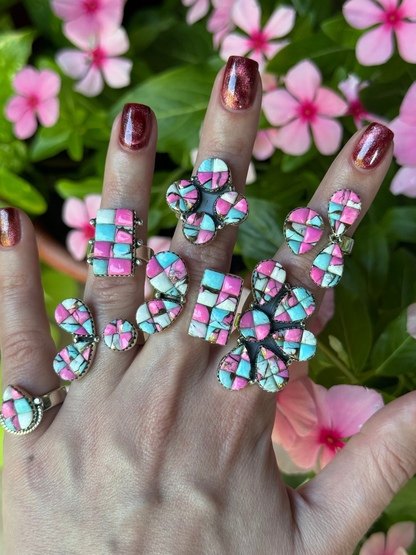 Cotton Candy Turquoise Cobblestone Sterling Silver Adjustable Rings