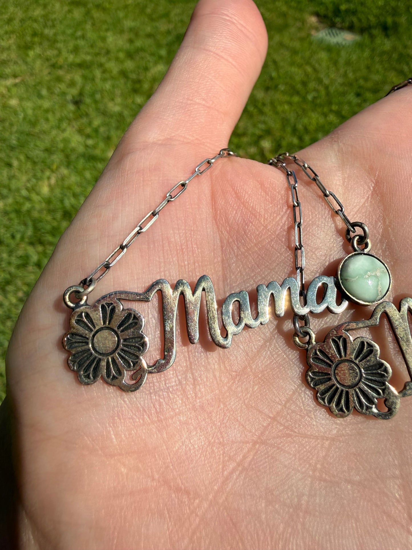 Mama Turquoise Bar With Flower Accent Sterling Silver Necklace