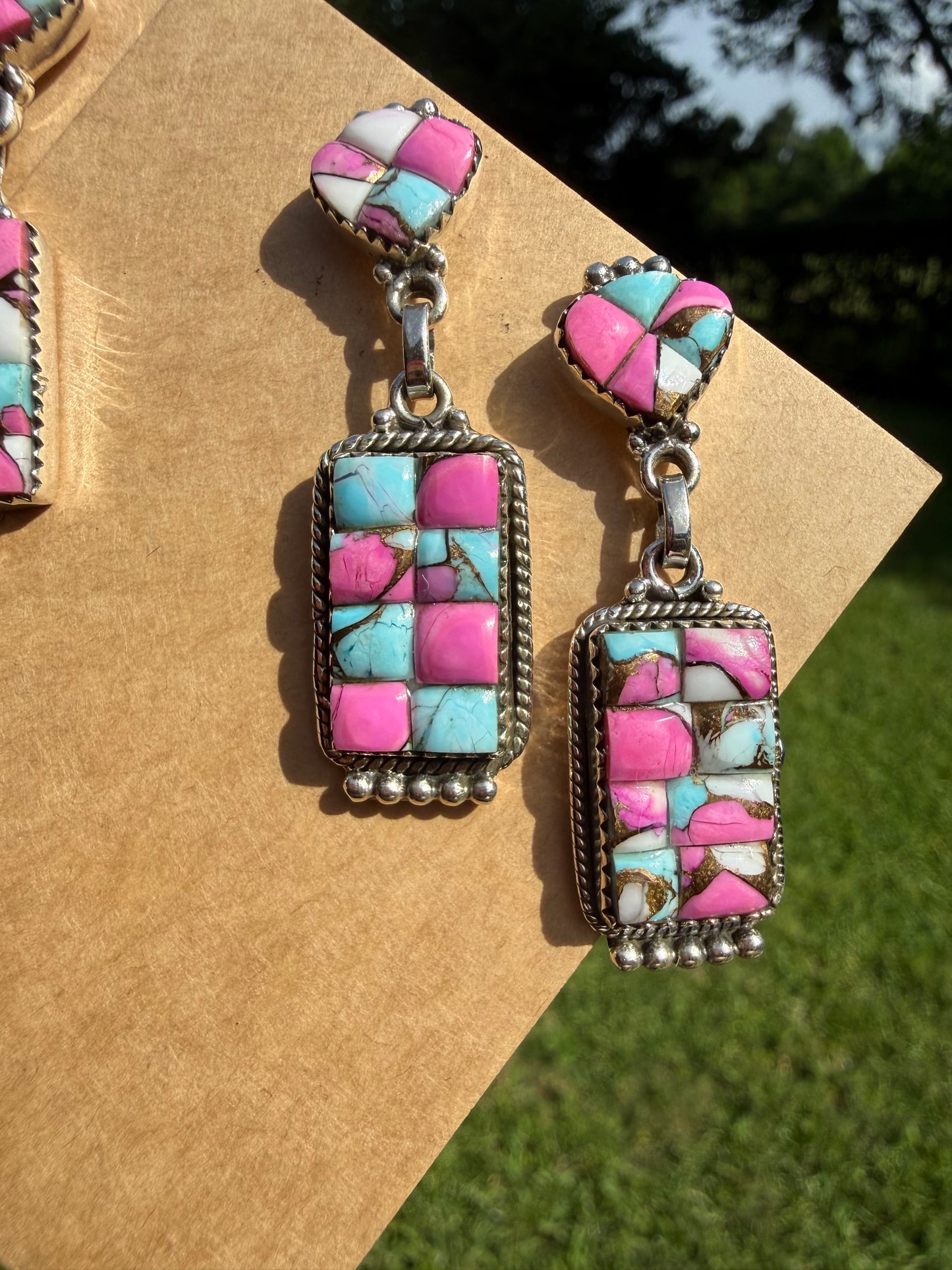 Cotton Candy Turquoise Cobblestone Sterling Silver Bar Dangle Earrings