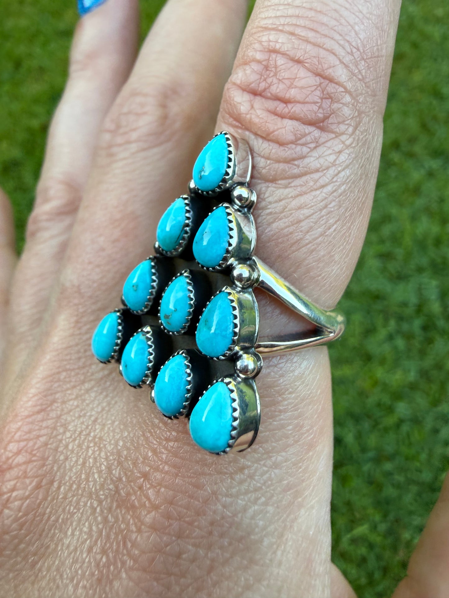 Navajo Turquoise Triangle Cluster Sterling Silver Ring