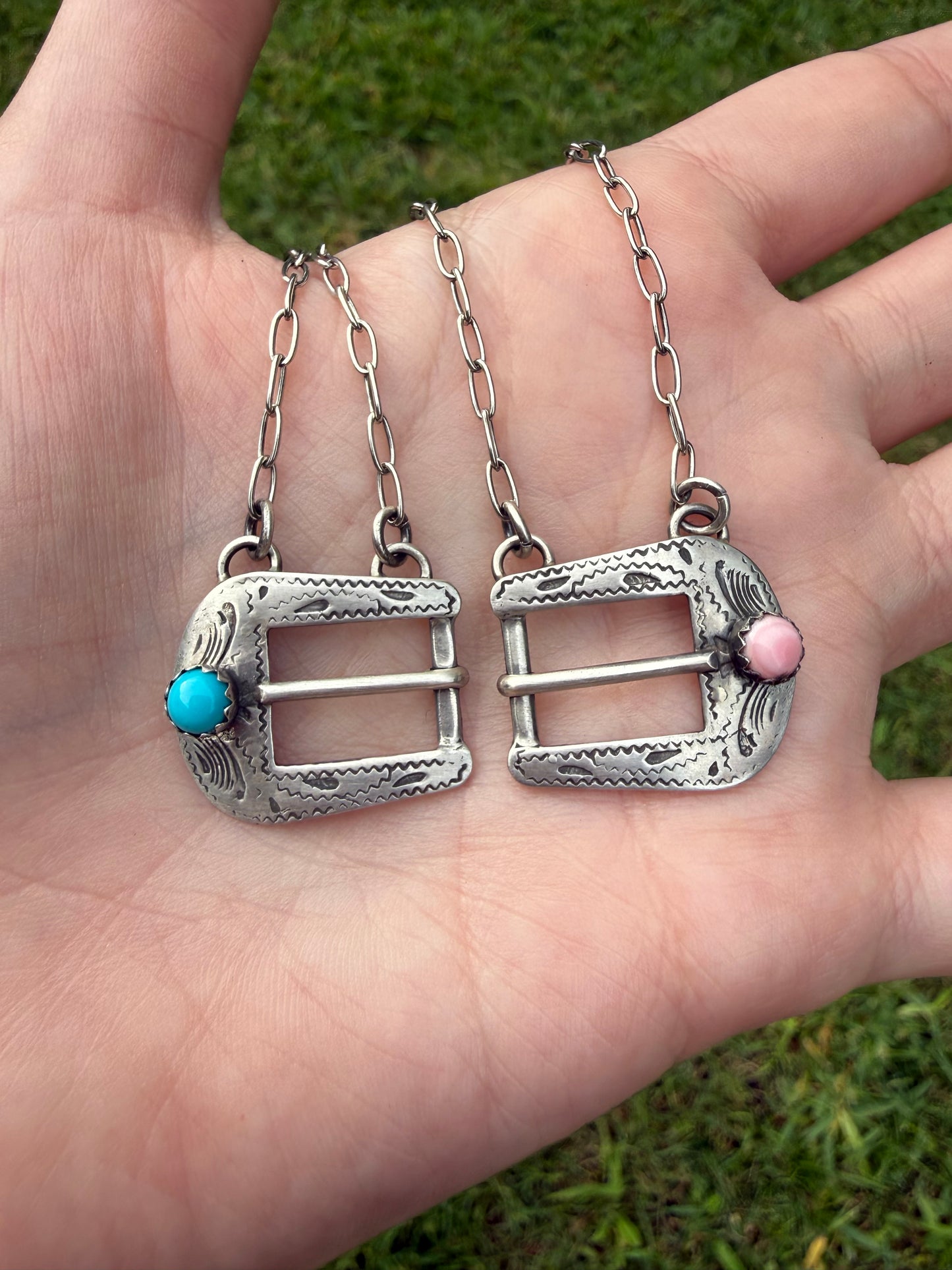 Native Turquoise or Pink Conch Belt Buckle Sterling Silver Necklace