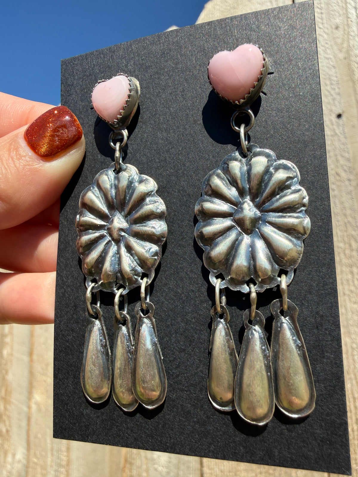 Navajo Heart Pink Conch Sterling Silver Concho Triple Dangle Earrings