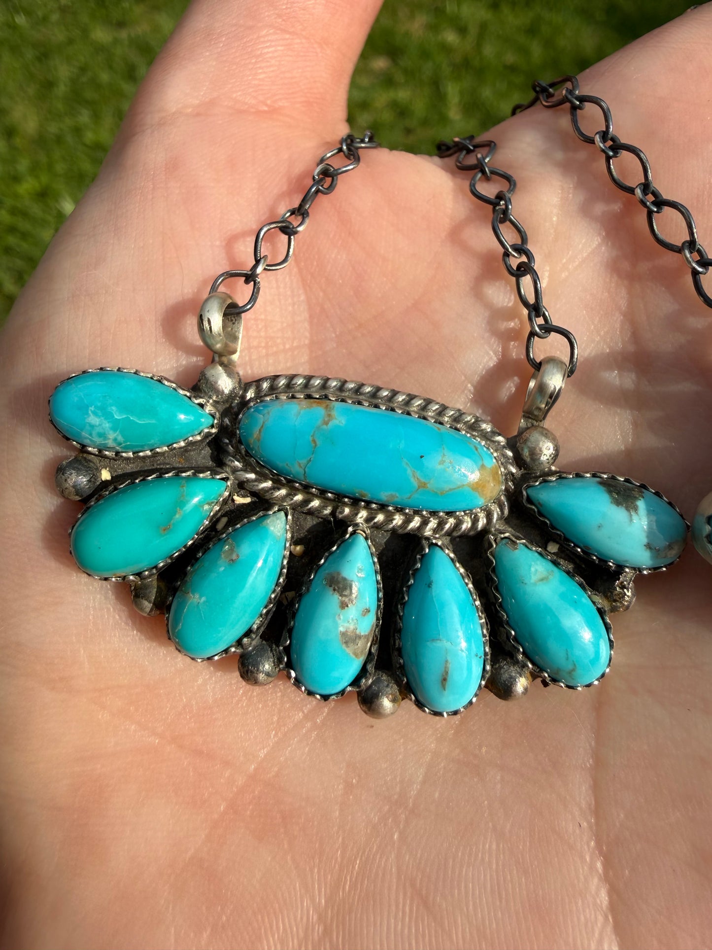 Native Turquoise Half Cluster Flower Sterling Silver Necklace
