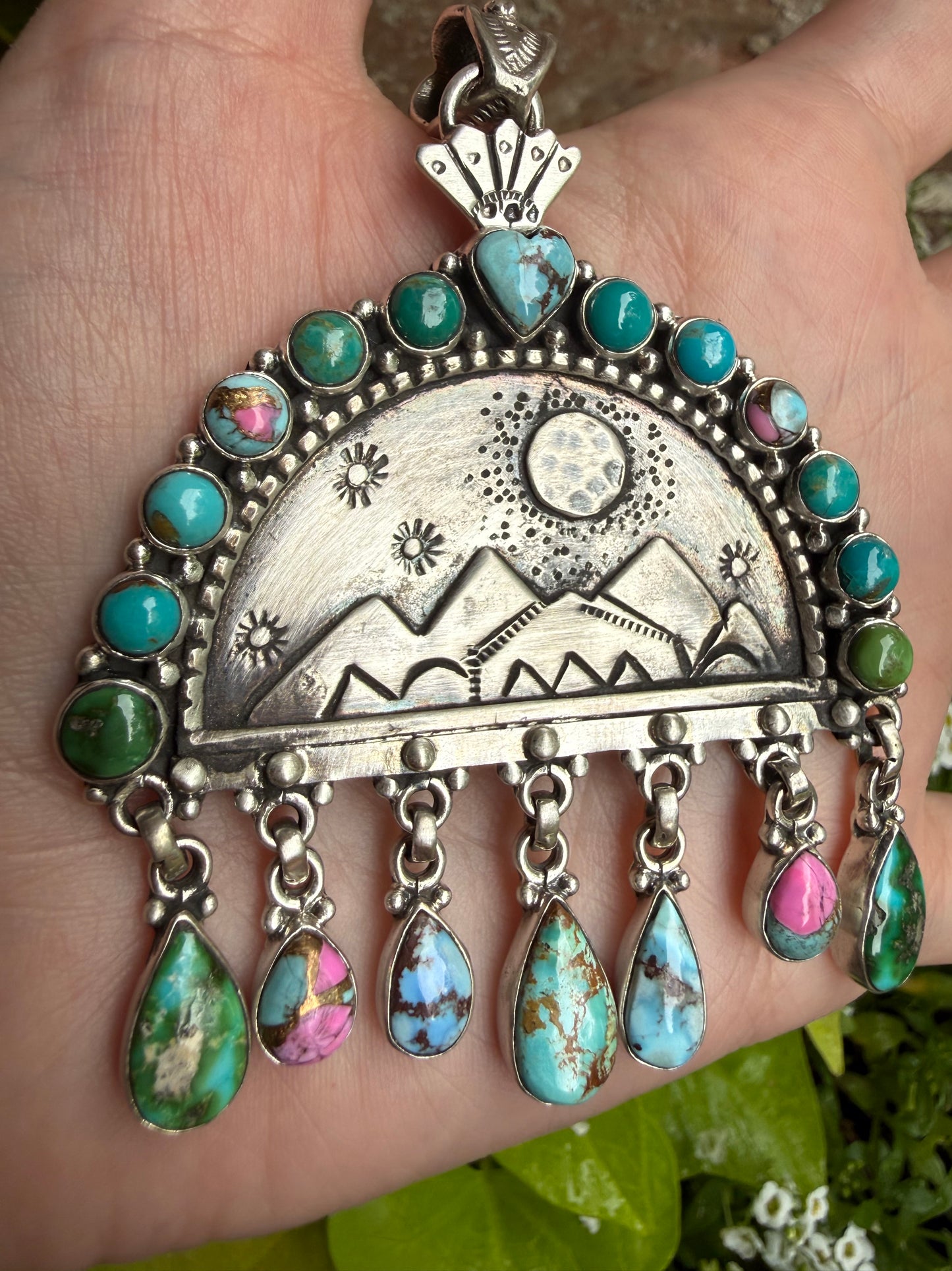 Mixed Turquoise Storyteller Landscape Moon and Mountain Scene Sterling Silver Statement Pendant