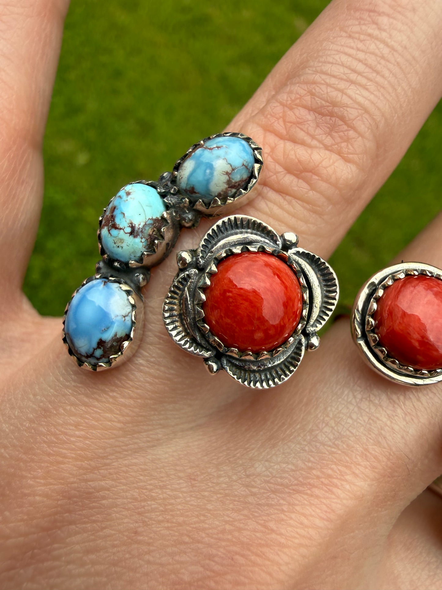 Red Spiny and Turquoise Floater Sterling Silver Rings