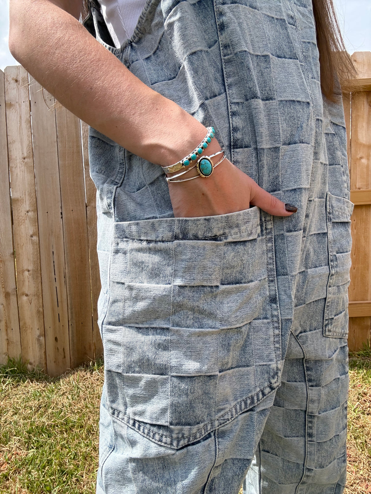 Thee Blue Brick Jumpsuit Denim Checkered Block Overall Jumpsuit