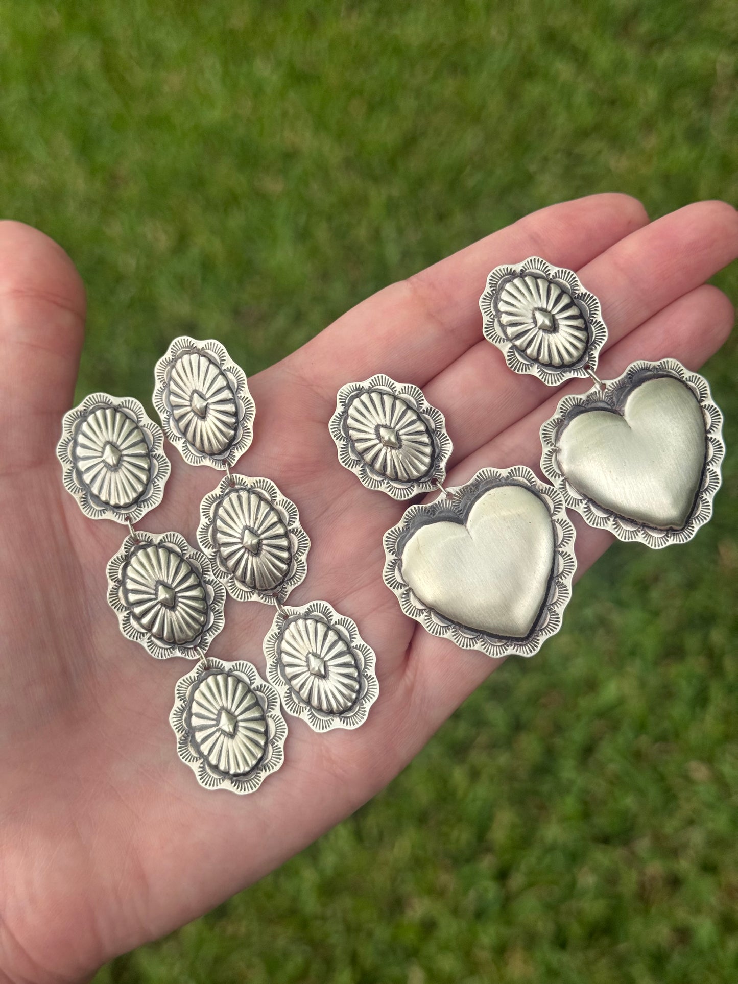 Navajo Heart or Triple Concho Sterling Silver Dangle Drop Earrings