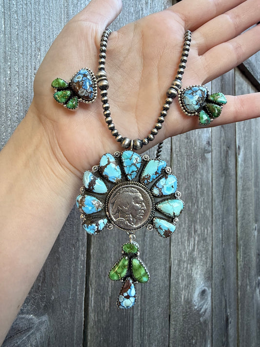 Liberty Coin Golden Hills and Sonoran Gold Turquoise Statement Sterling Silver Necklace