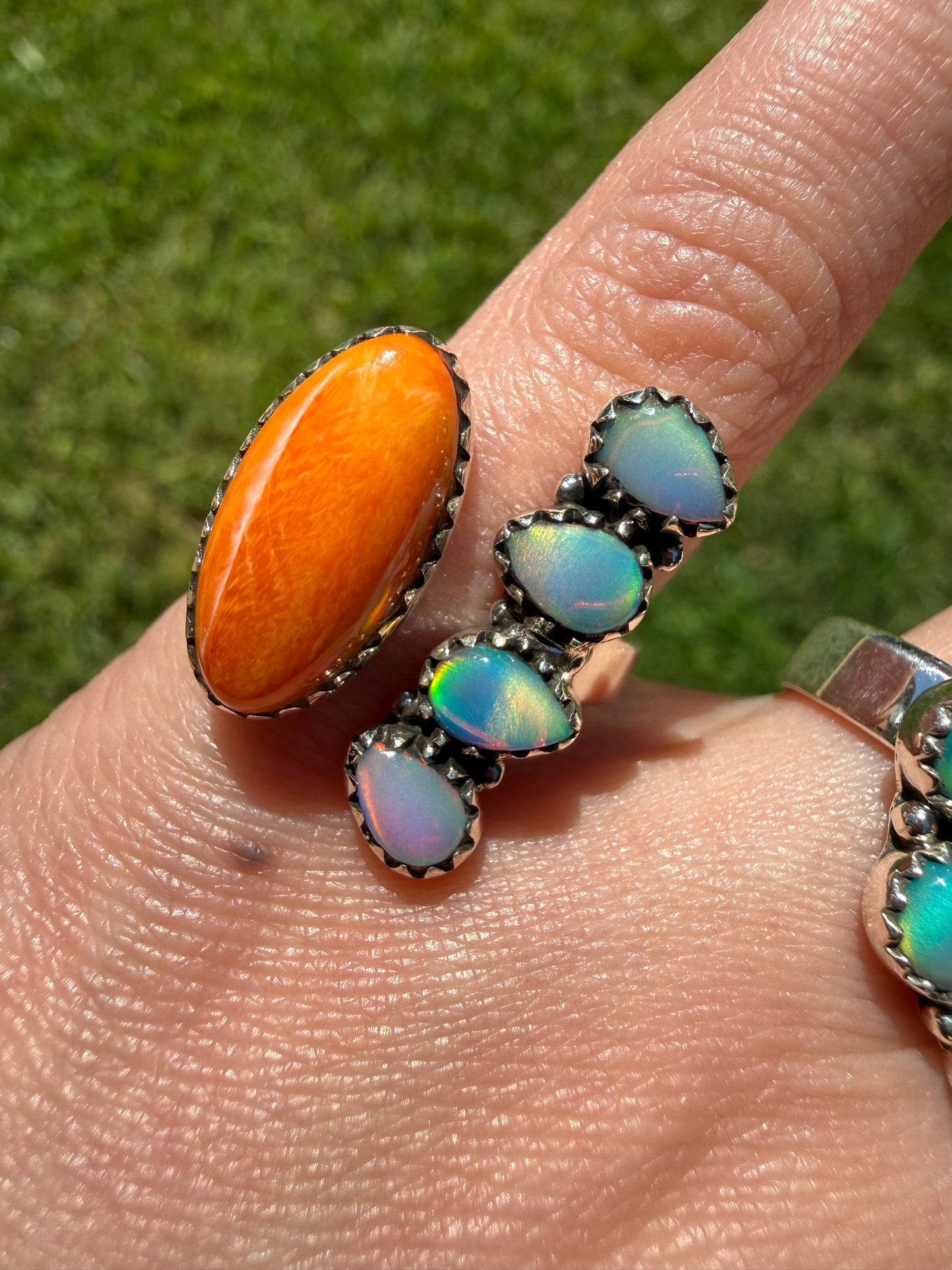 Orange Spiny And Balloon Opal Sterling Silver Rings