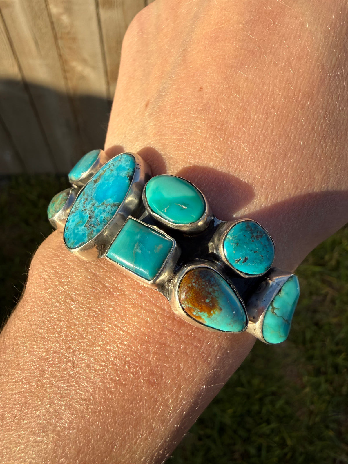Navajo Turquoise Natural Stone Cluster Cuff Sterling Silver Bracelet