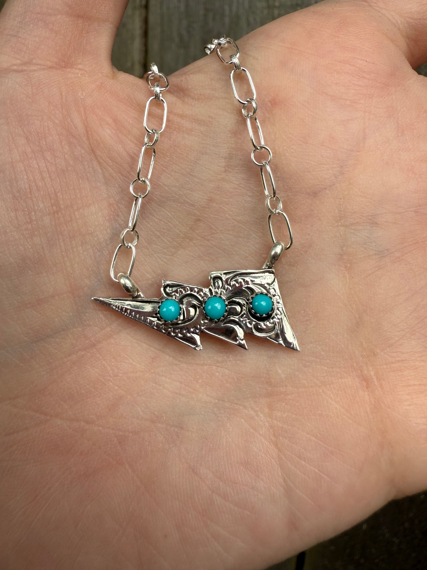 Navajo Turquoise Lightening Bolt  Sterling Silver Necklace by Arthur Bruggeman