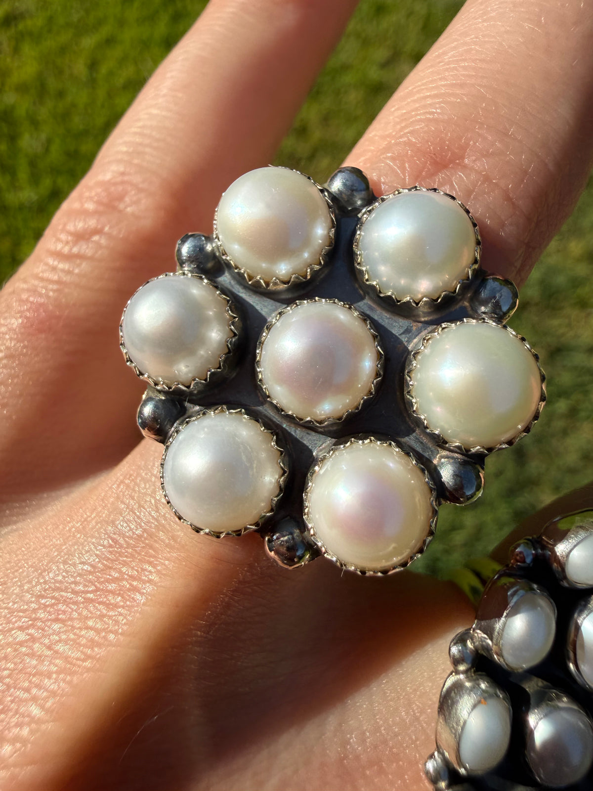 Navajo Mother of Pearl Heart or Round Cluster Sterling Silver Ring