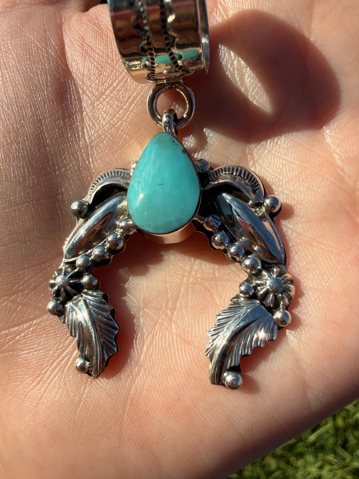 Navajo Turquoise Detailed Accent Naja Sterling Silver Handmade Pendant