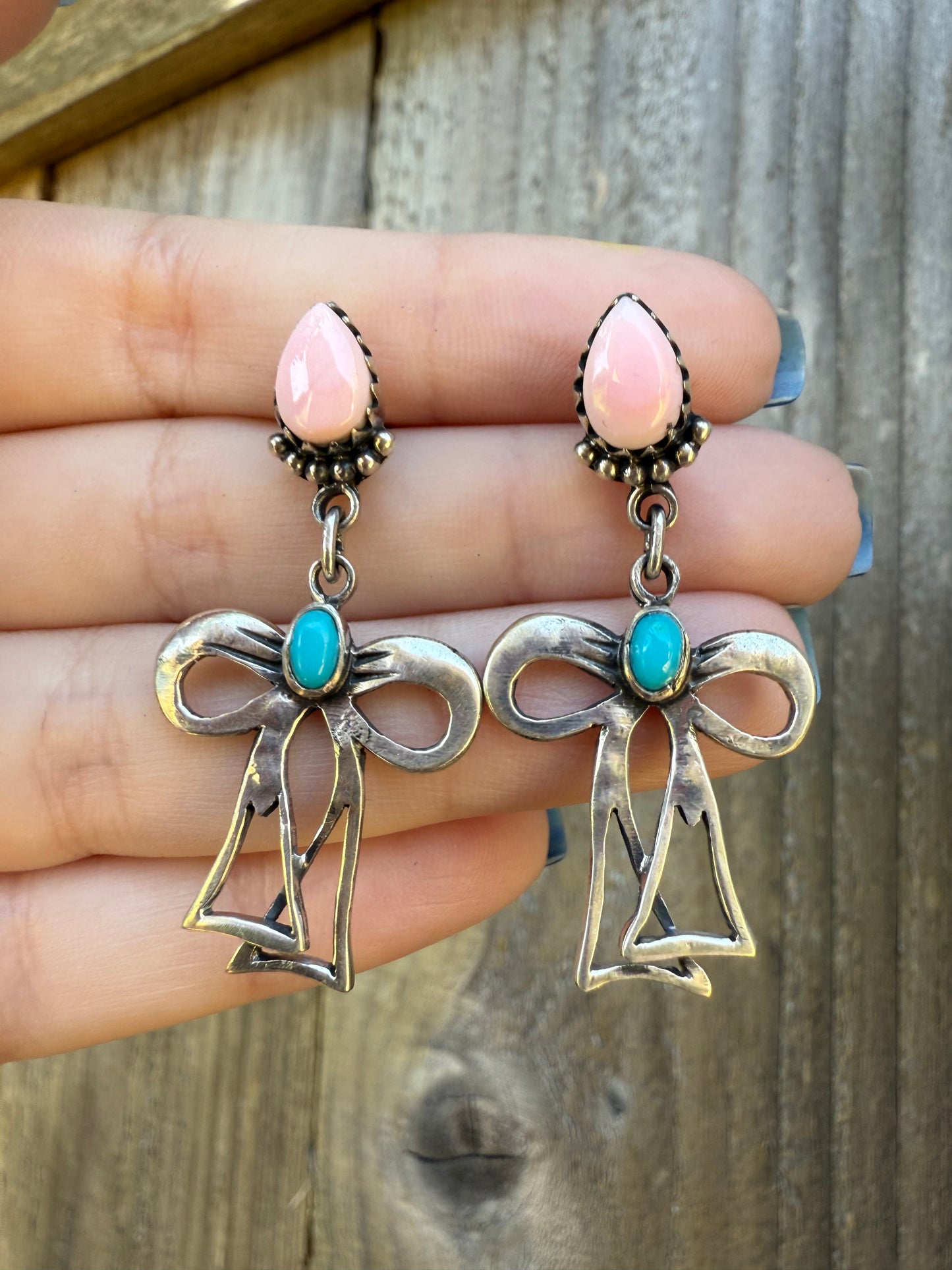Turquoise and Pink Conch Sterling Silver Dangle Bow Earrings