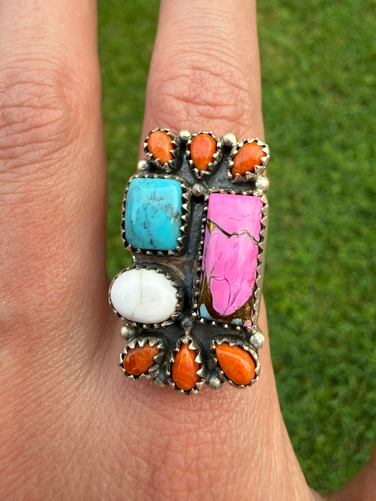 Kingman, Cotton Candy Turquoise,  or Orange Mojave Sterling Silver Adjustable Ring