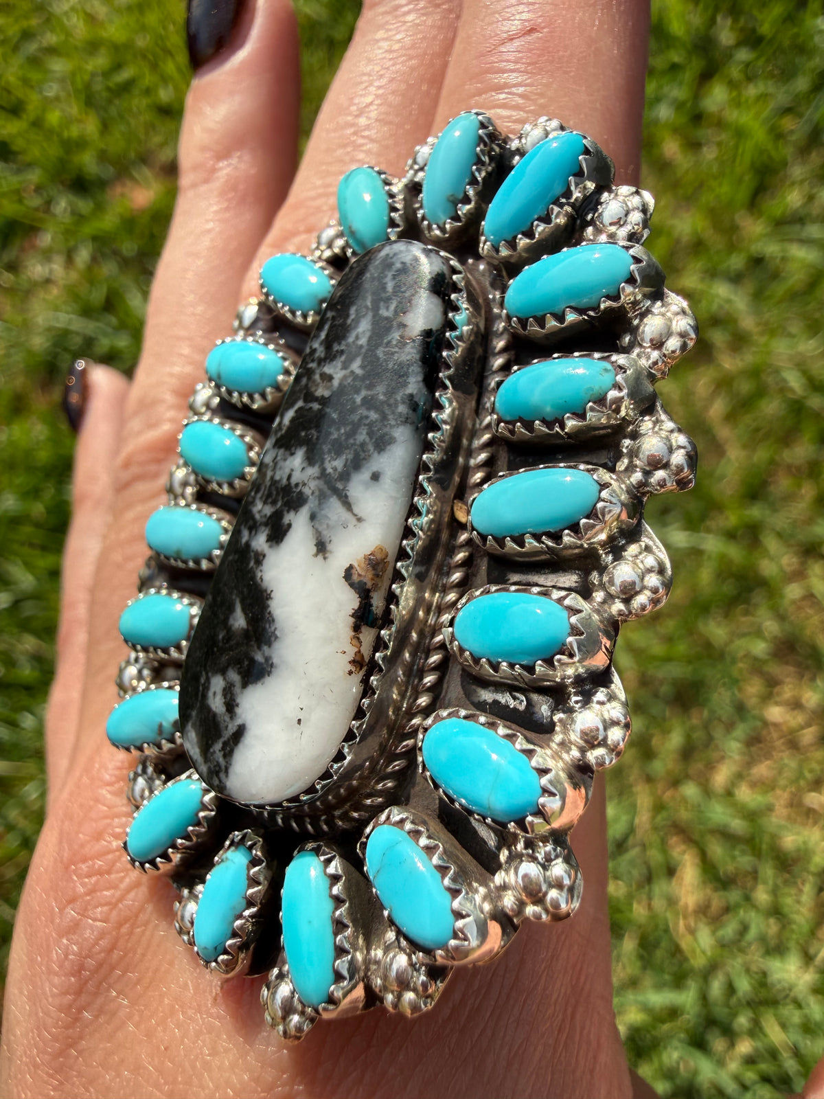 Navajo White Buffalo and Turquoise Big Statement Adjustable Sterling Silver Ring