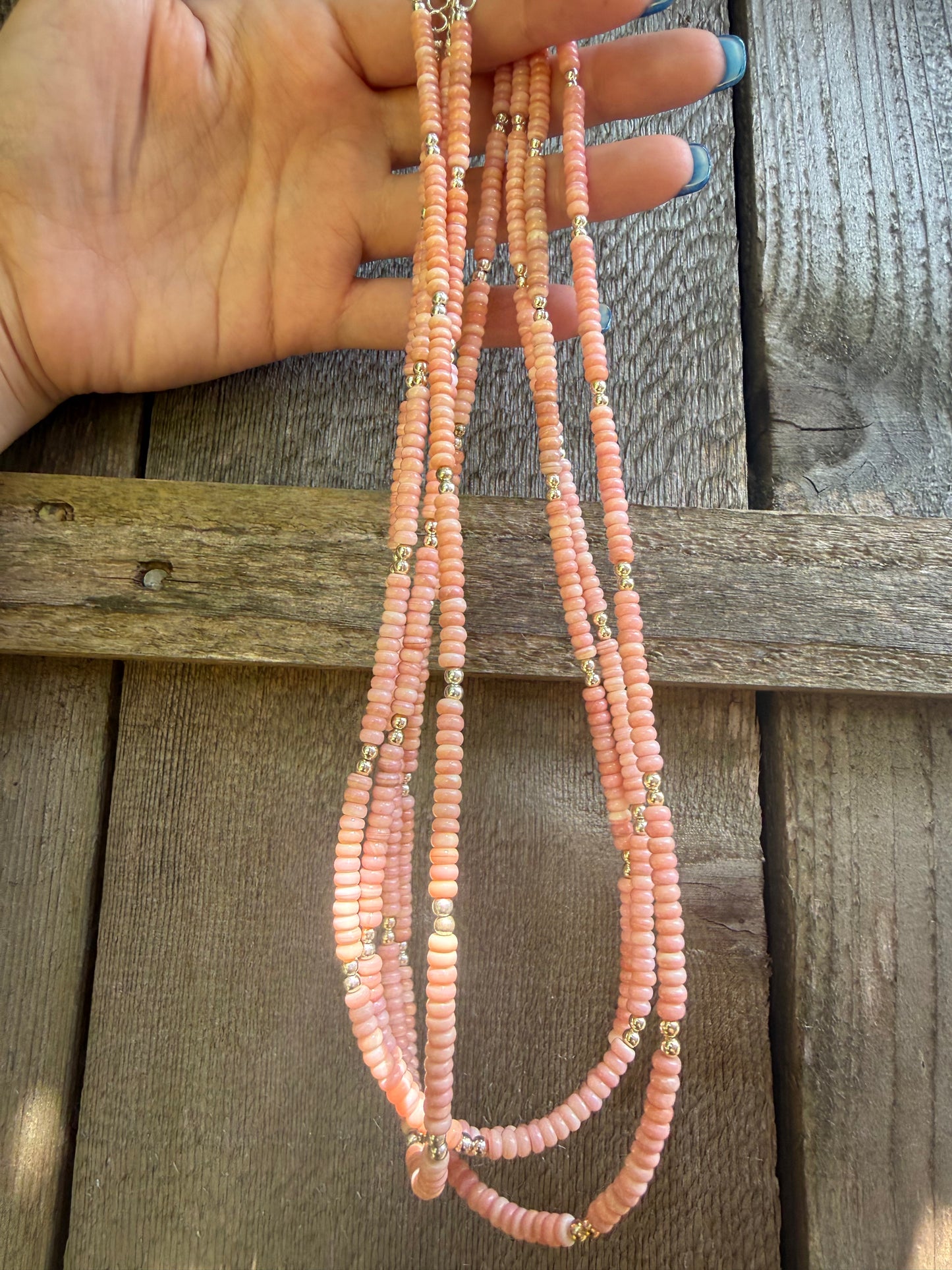 Navajo Strung Pink Conch And Sterling Silver Pearl Stacker Necklace