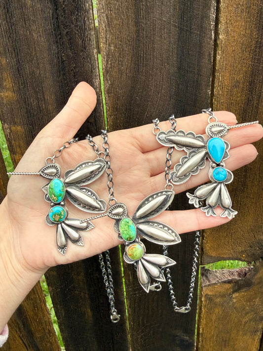 Navajo Turquoise Hummingbird Sterling Silver Necklace By Charles Johnson