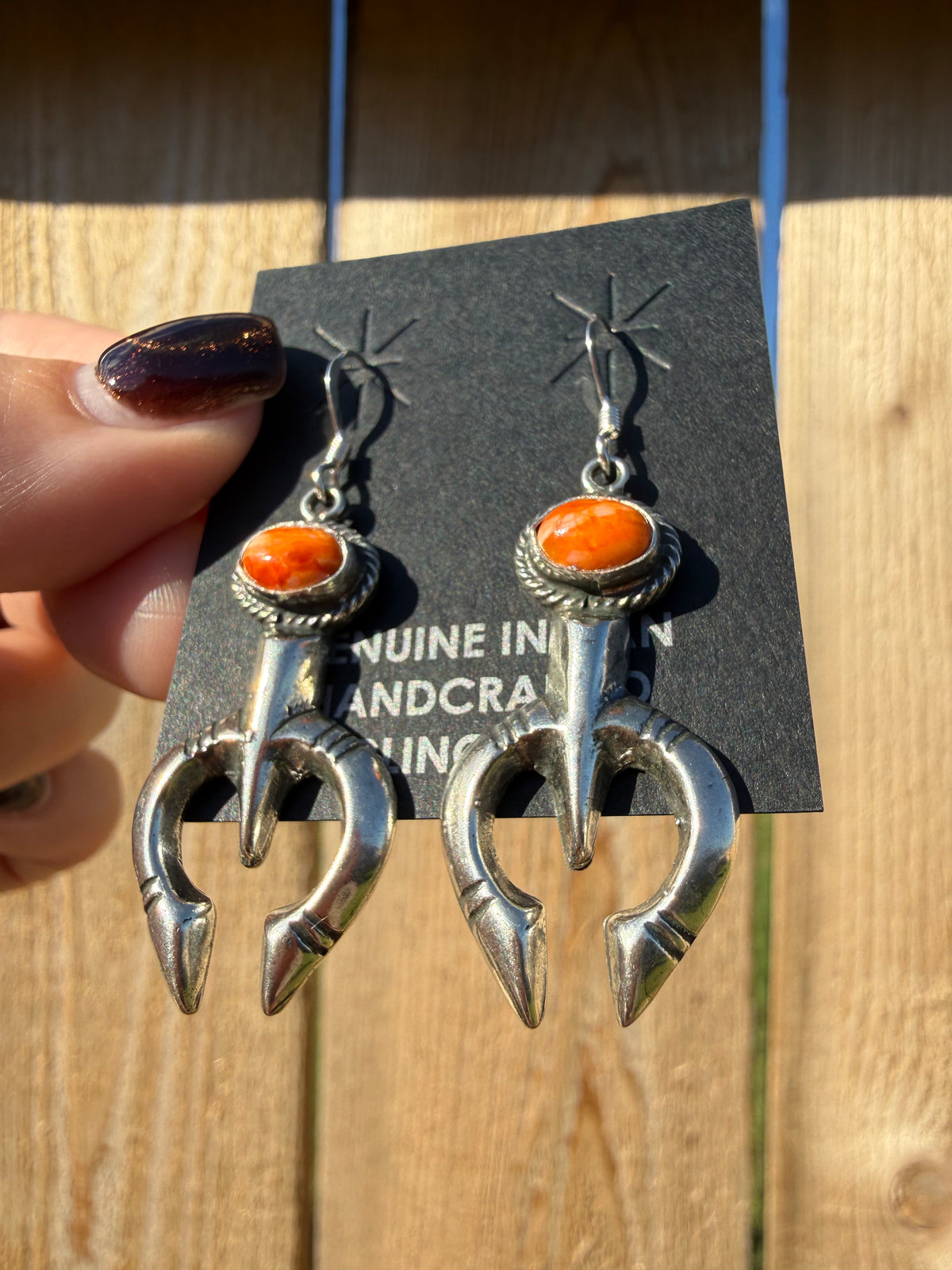 Navajo Orange Spiny Naja Sterling Silver Dangle Earrings