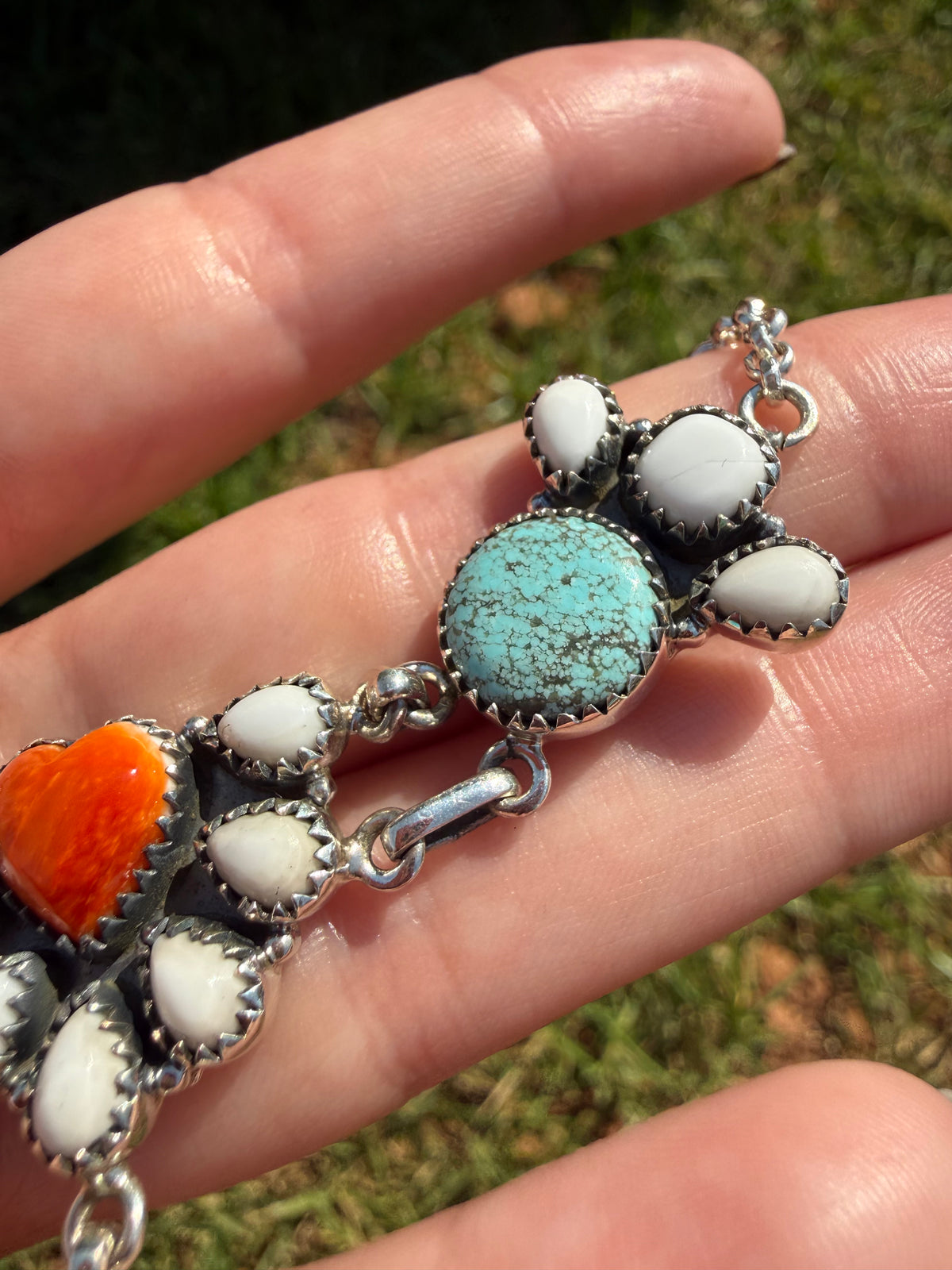 Orange Spiny, White Buffalo and Turquoise Multi Stone Heart Half Cluster Choker Necklace