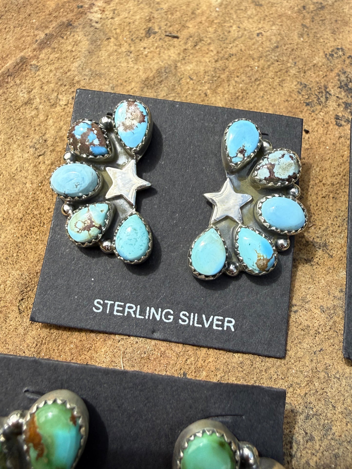 Turquoise Star and Multi Stone Half Cluster Sterling Silver Earrings