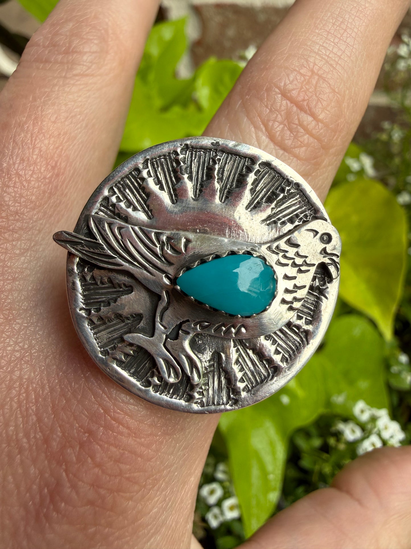 Bird with Turquoise Coin Style Sterling Silver Ring - Size 7.5