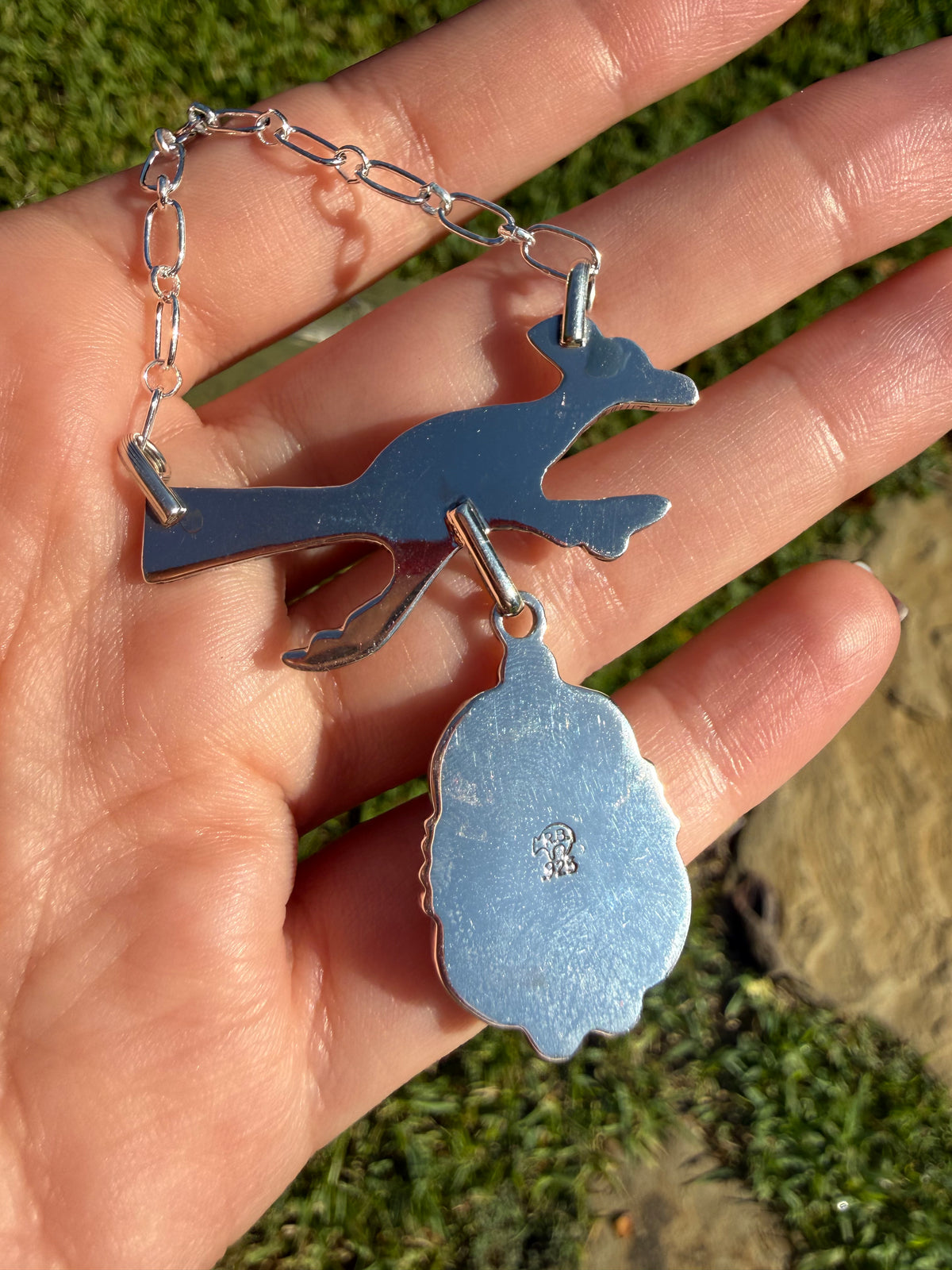 Navajo Roadrunner Turquoise Lariat Sterling Silver Necklace