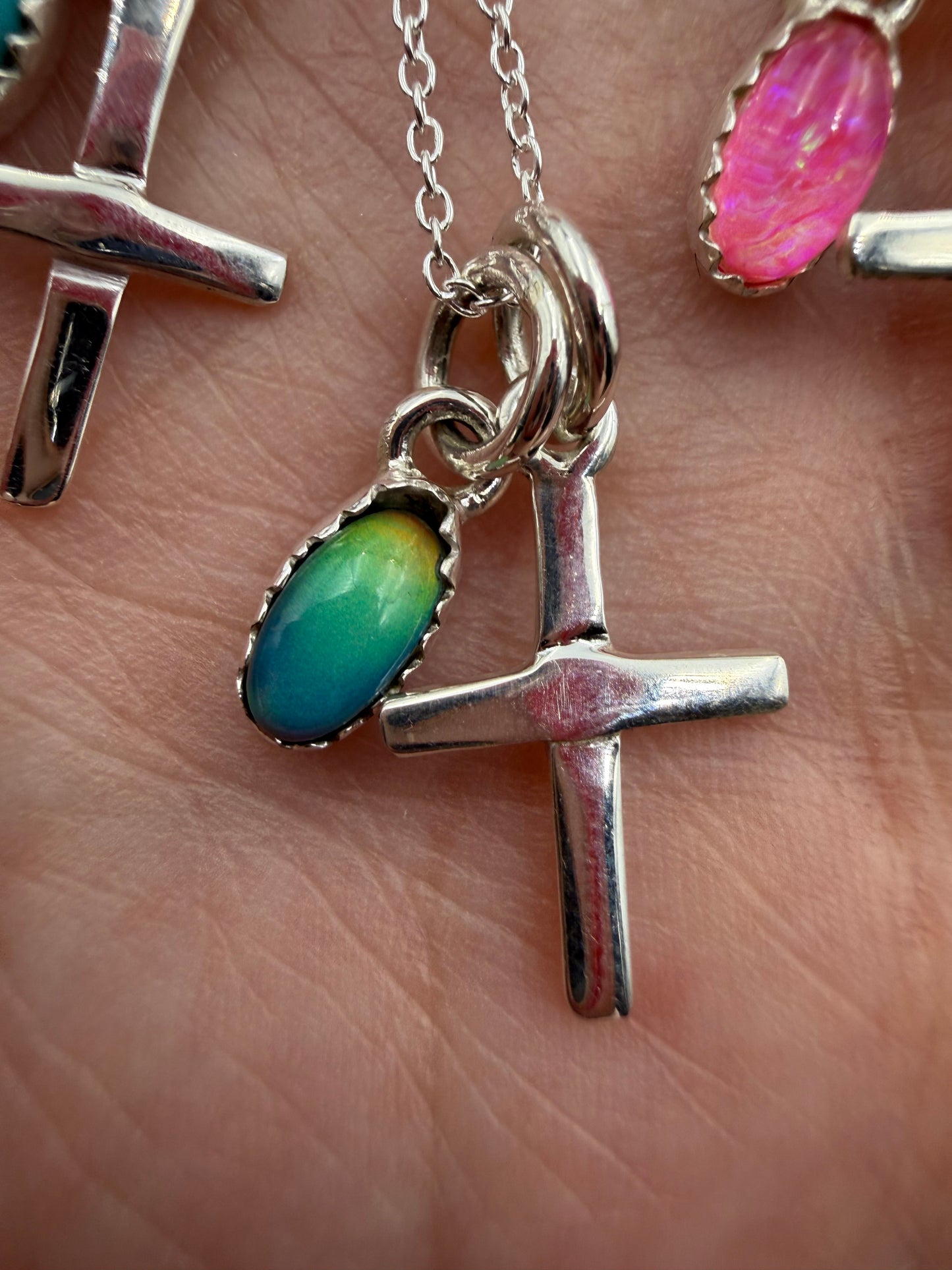 Sterling Silver Cross And Gemstone Charm Necklaces