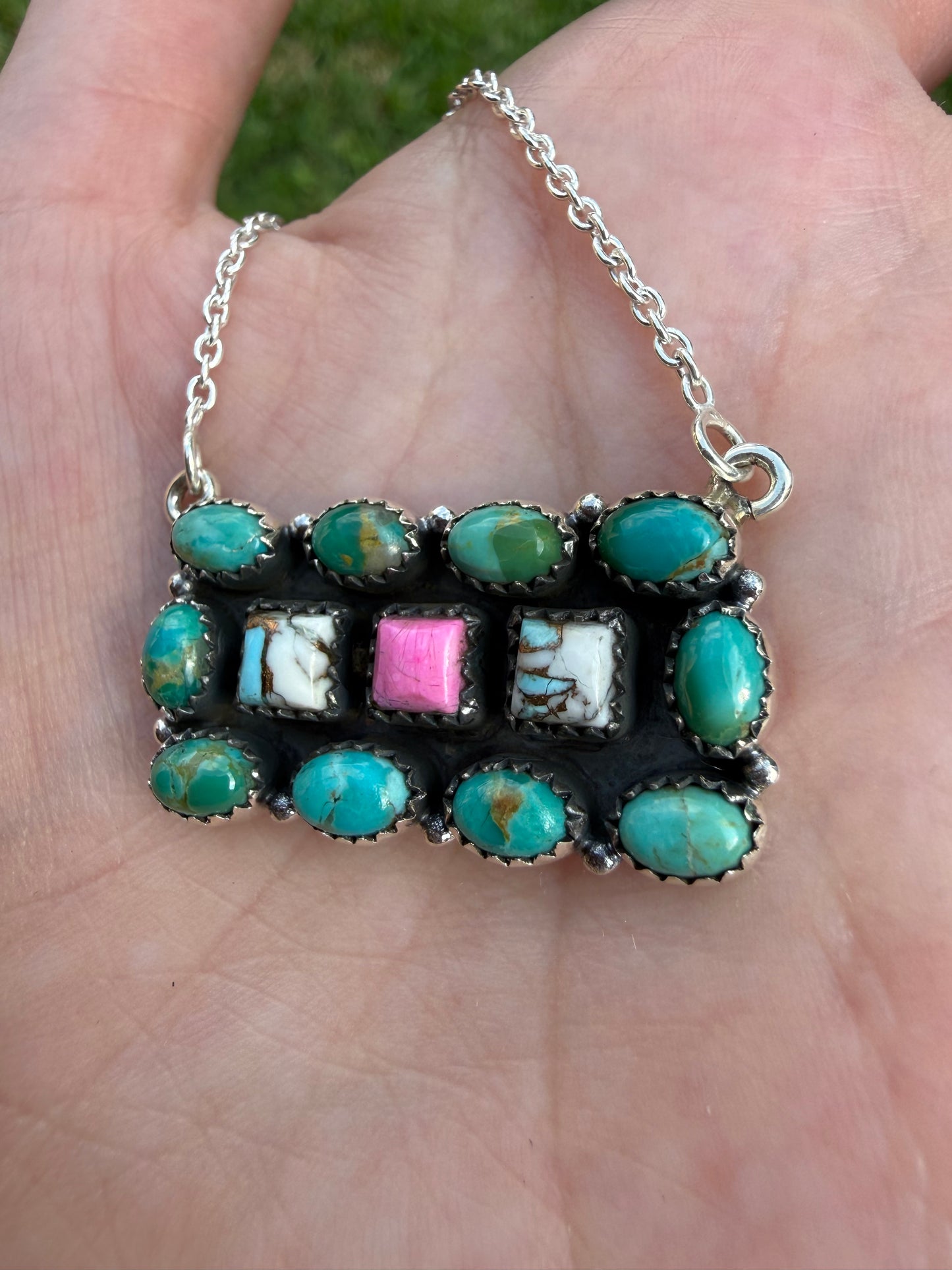 Kingman and Cotton Candy Turquoise Unique Bar Sterling Silver Necklace