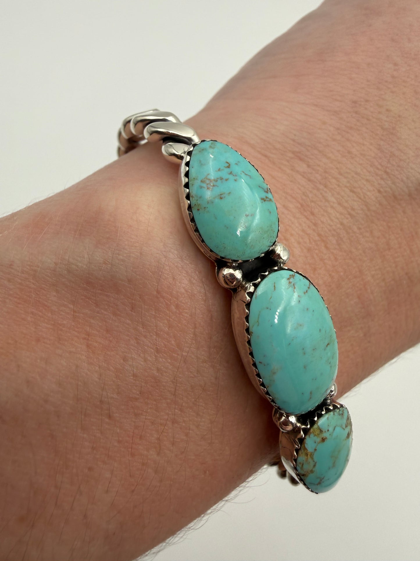 Native Turquoise Triple Stone Sterling Silver Twisted Cuff Bracelet