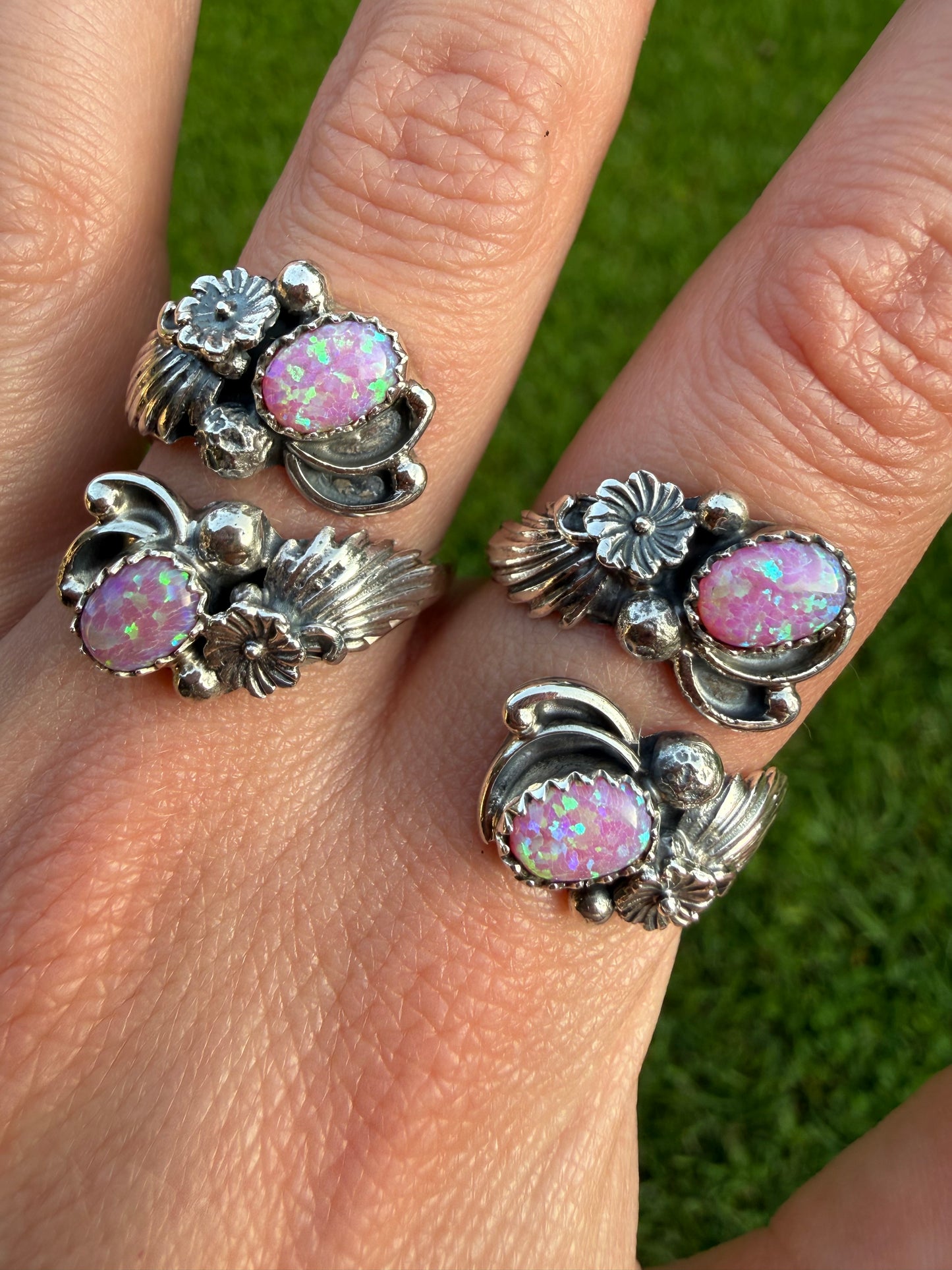 Navajo Pink Balloon Opal Double Stone Flower Accent Sterling Silver Floater Ring