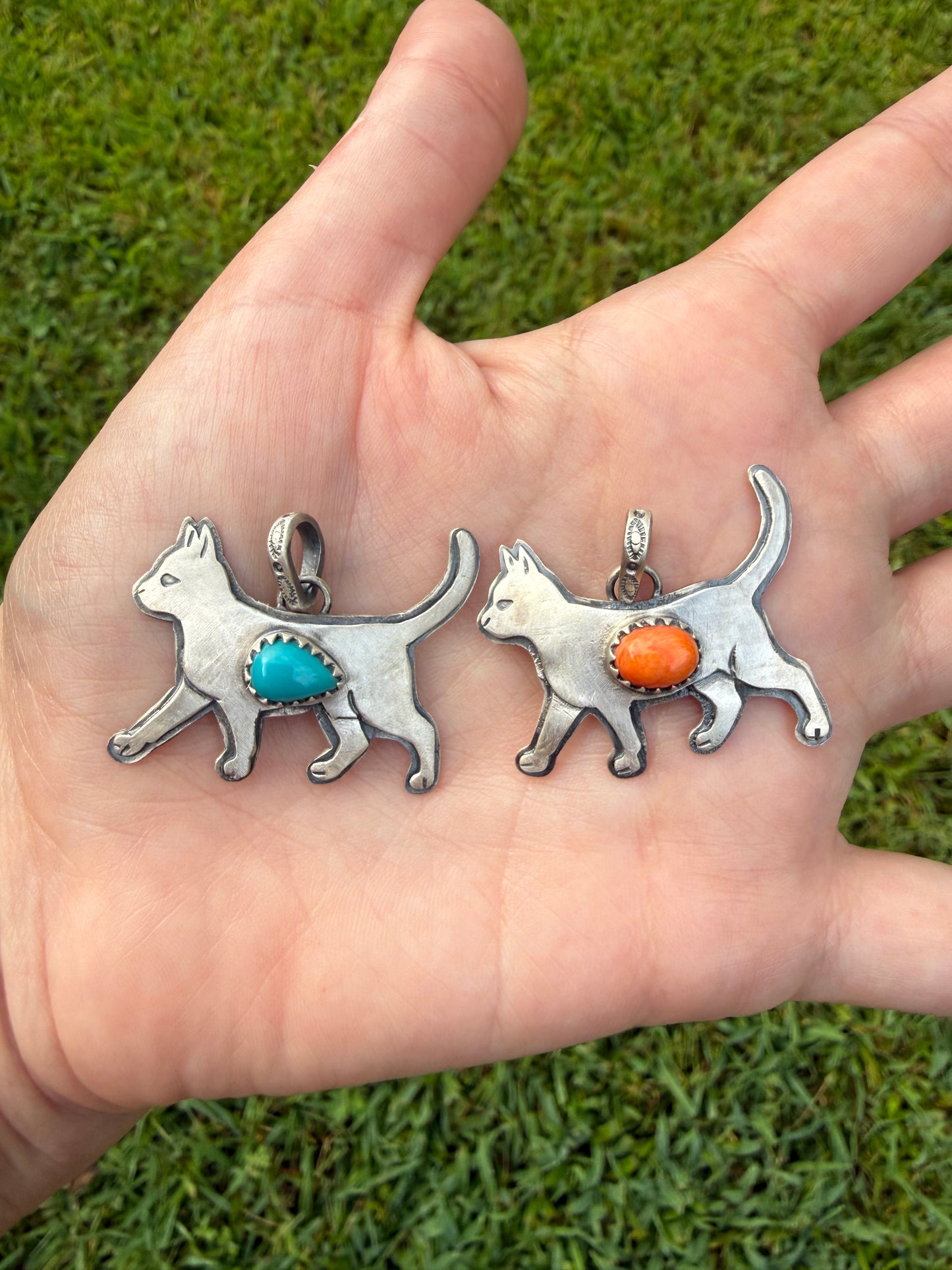 Cat Turquoise or Orange Spiny Sterling Silver Handmade Pendant