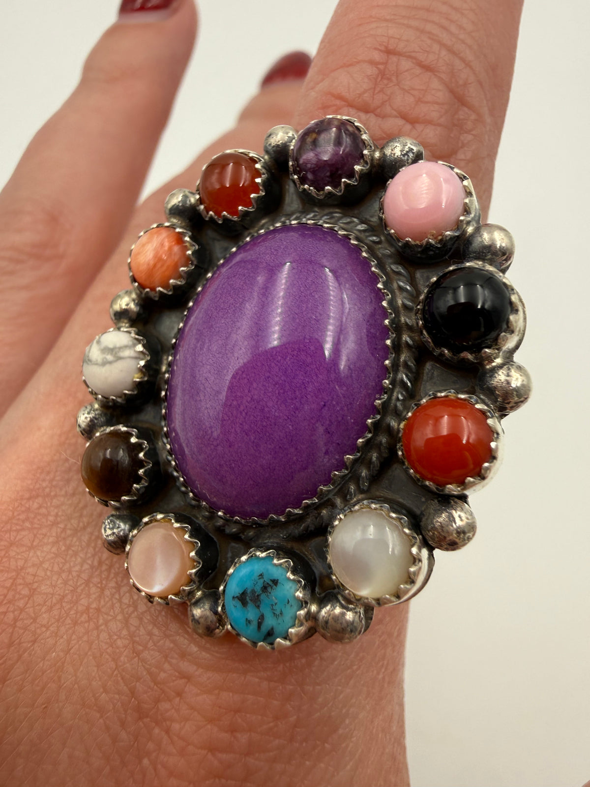 Navajo Multi Stone Full Flower Cluster Sterling Silver Ring - Size 8