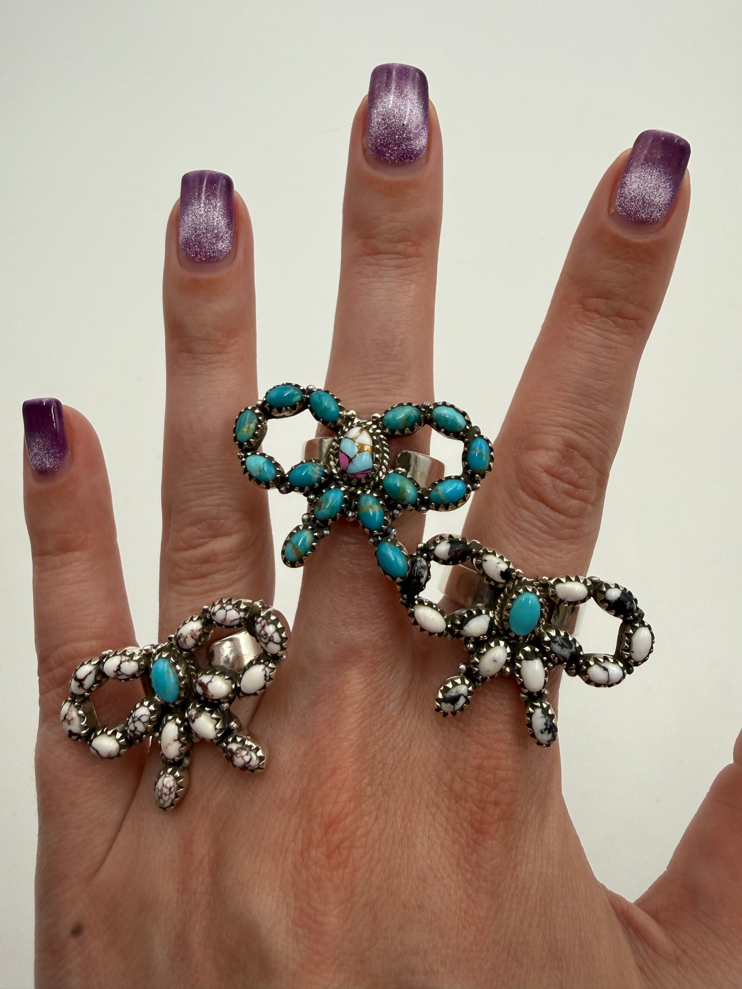 Turquoise and Multi Stone Bow Sterling Silver Adjustable Ring