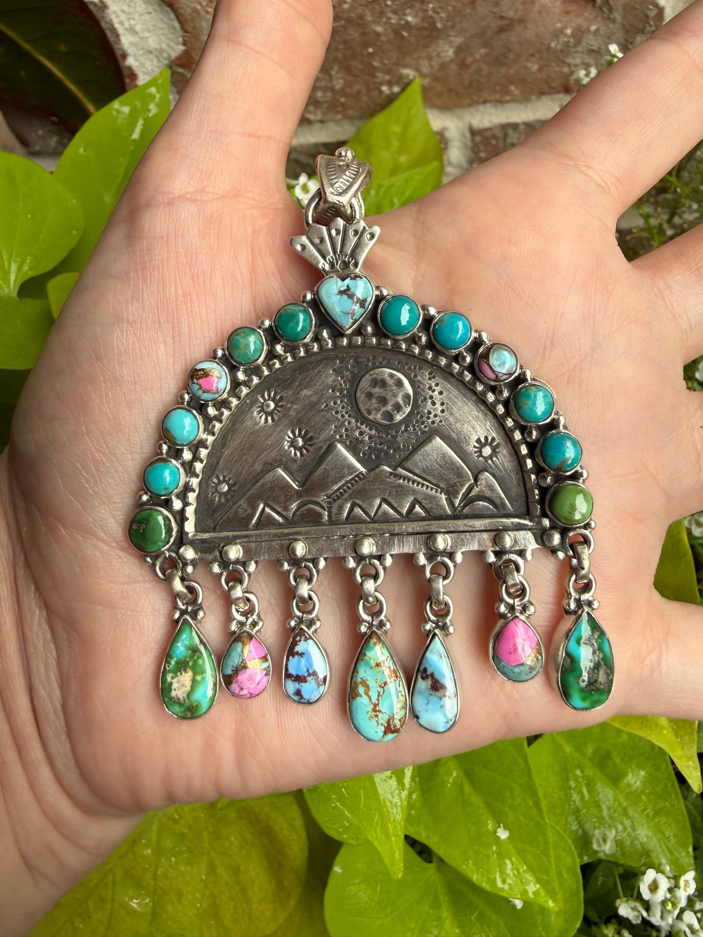 Mixed Turquoise Storyteller Landscape Moon and Mountain Scene Sterling Silver Statement Pendant