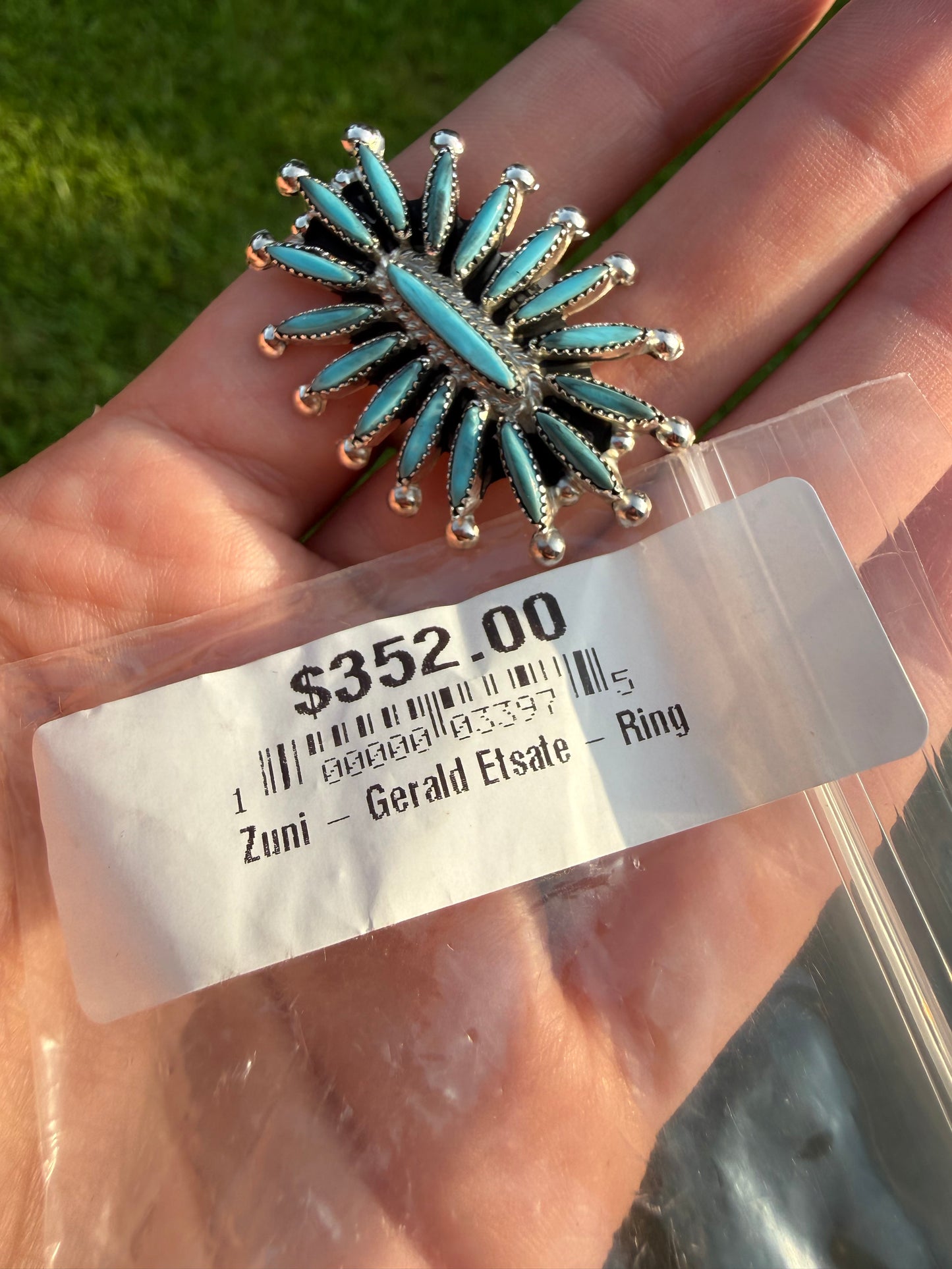 Zuni Turquoise Needlepoint Cluster Full Flower Sterling Silver Ring