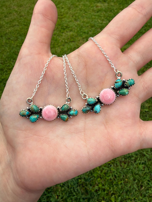 Kingman Turquoise and Pink Conch Sterling Silver Bar Necklace