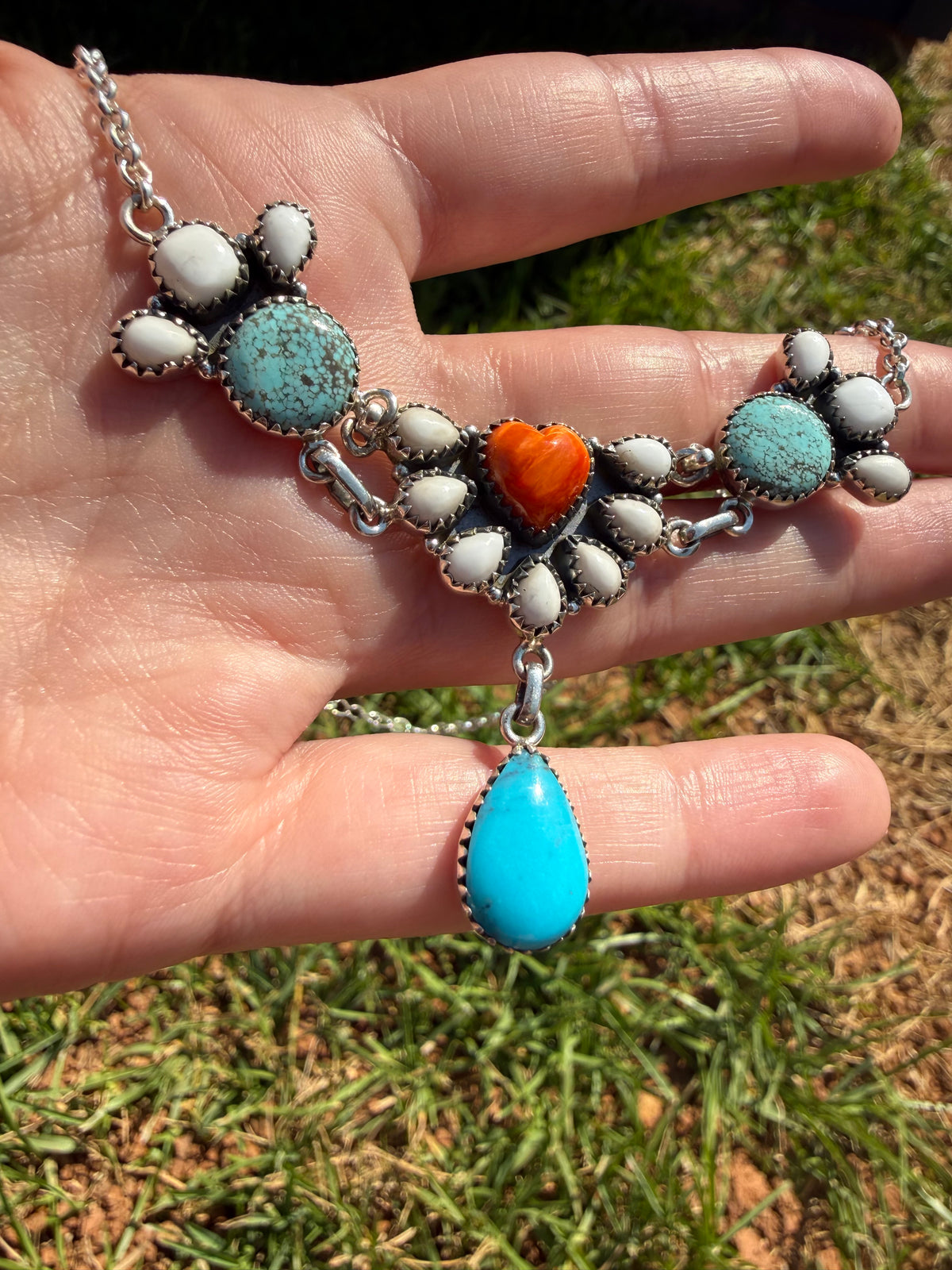 Orange Spiny, White Buffalo and Turquoise Multi Stone Heart Half Cluster Choker Necklace