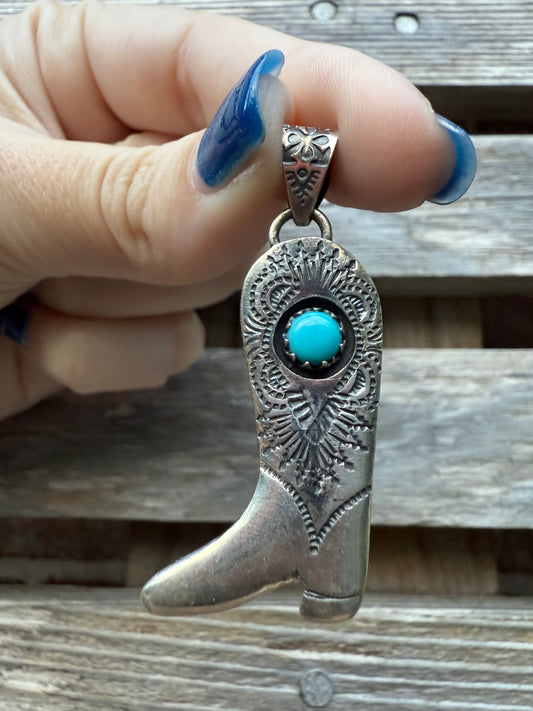 Cowboy Boot and Turquoise Sterling Silver Pendant