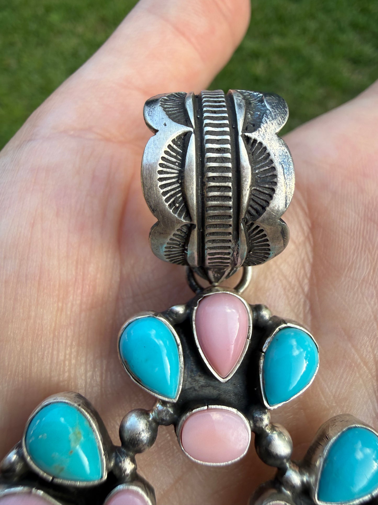 Navajo Pink Conch and Turquoise Cluster Sterling Silver Pendant