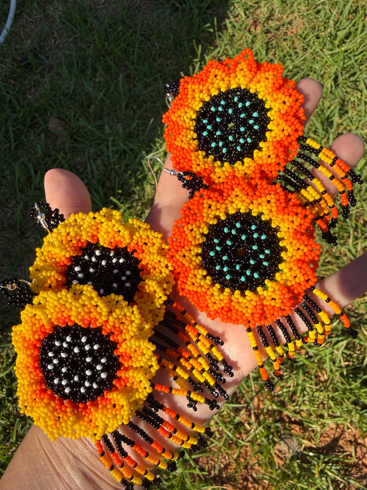 Native Beadwork Big Sunflower Sterling Silver Hook Statement Earrings